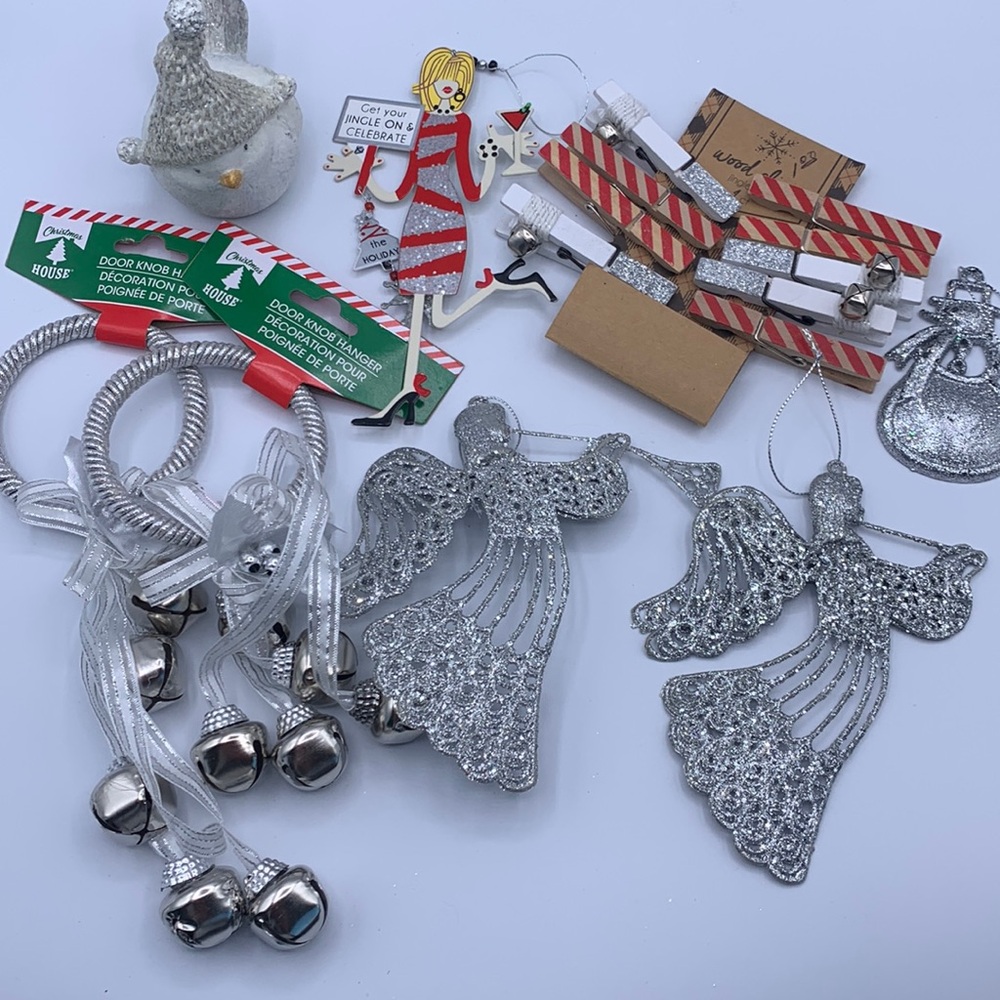 Mixed Lot Silver Glitter Holiday Christmas Tree Ornaments & Decor Resin Bird